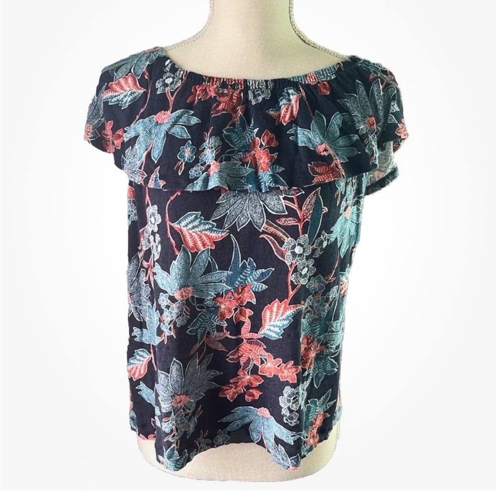 J Jill Sleeveless Stretch Boat Neck Floral Blouse Size SP 100% Linen